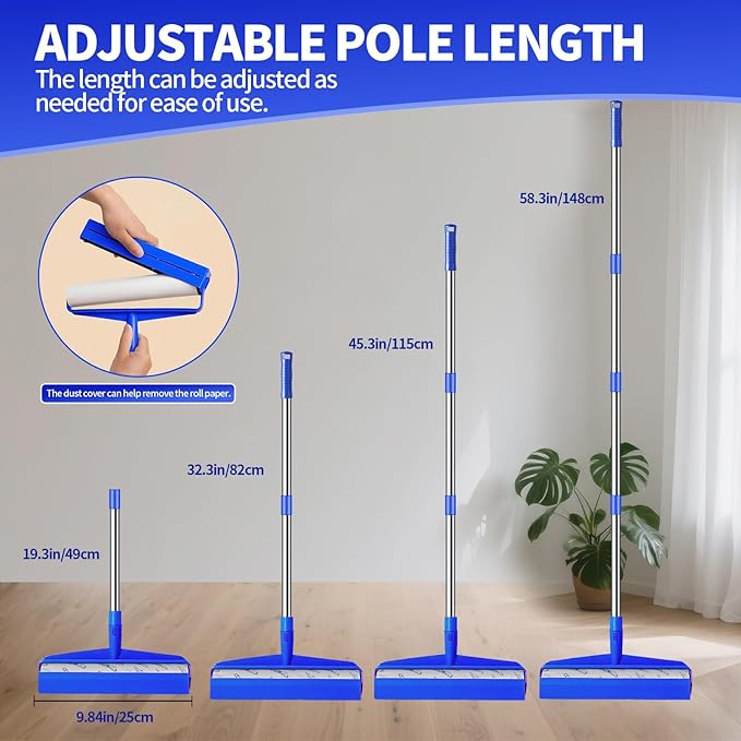 9.84" Large Extra Sticky Lint Roller, 58.3" Long Handle Lint Remover with 7 Rollers for Clothes, Cat Dog Pet Hair, Furniture, Couch, Carpet, Floor，Painted Wall Cleaner Mop Dust Cleaning