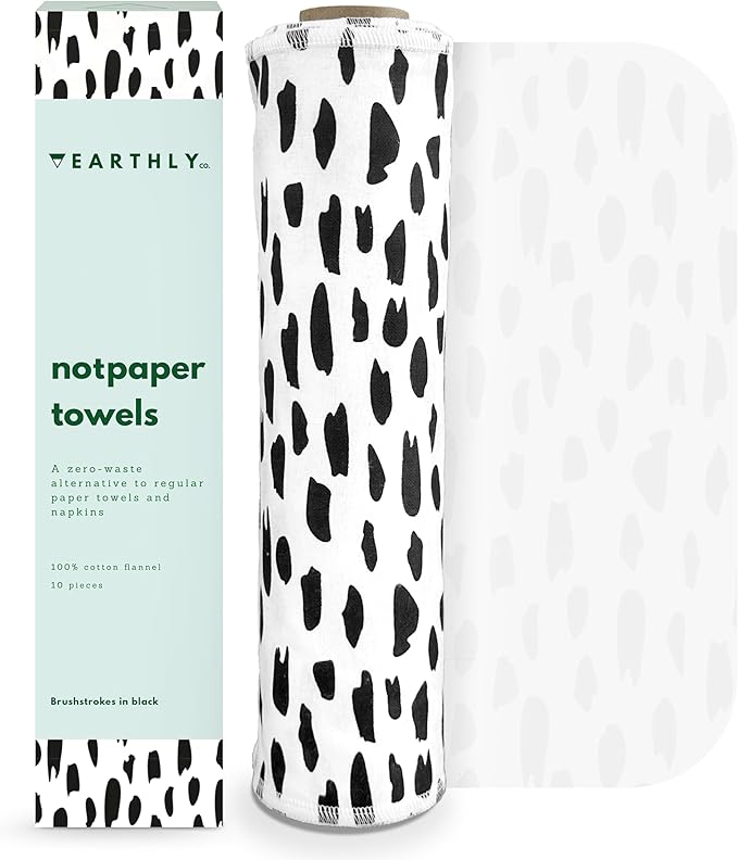 Reusable Paper Towels - 10 Pack - Roll of Washable Cotton Cloth Paper Towels - Paperless Reusable Napkins Cloth Washable - Absorbent + Long Lasting - Zero Waste Products - (Brushstrokes)