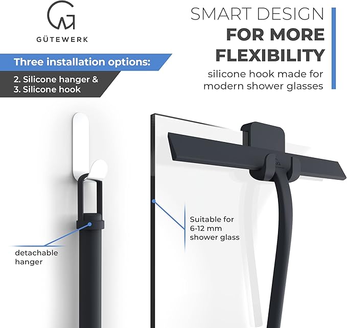 GÜTEWERK Shower Squeegee for Glass Doors, Silicone Window Squeegee, Bathroom and Glass Cleaning - Black - 11 Inch