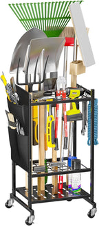 SUFAUY Rolling Garden Tool Organizer,Yard Tower Rack Heavy-Duty Garage Tool Stand with Wheels and Hooks, Black