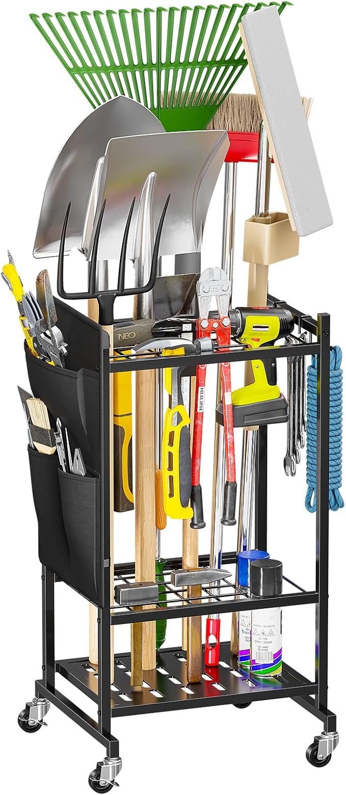 SUFAUY Rolling Garden Tool Organizer,Yard Tower Rack Heavy-Duty Garage Tool Stand with Wheels and Hooks, Black