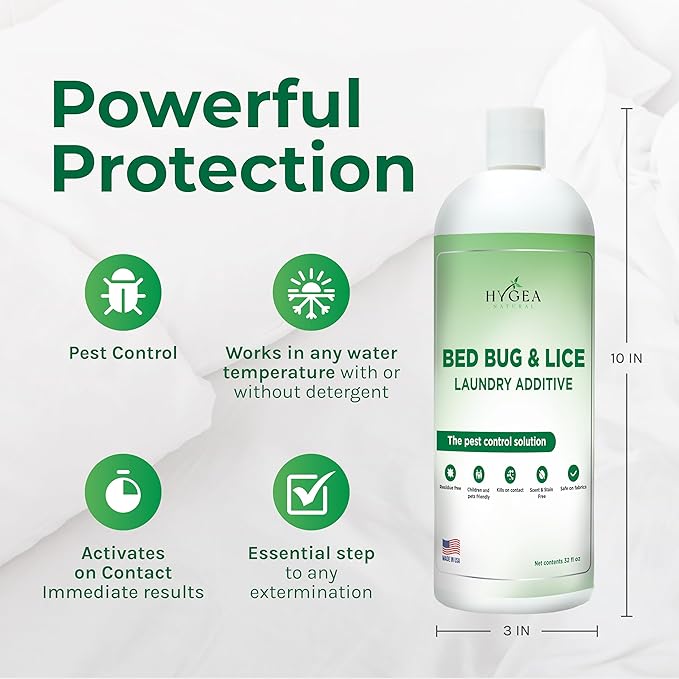 Hygea Natural Lice and Bed Bug Laundry Additive - Environmentally Responsible, Odorless, and Stain-Free Liquid Laundry Treatment - Safe for Children and Pets - Any Water Temperature (32 Fl Oz)