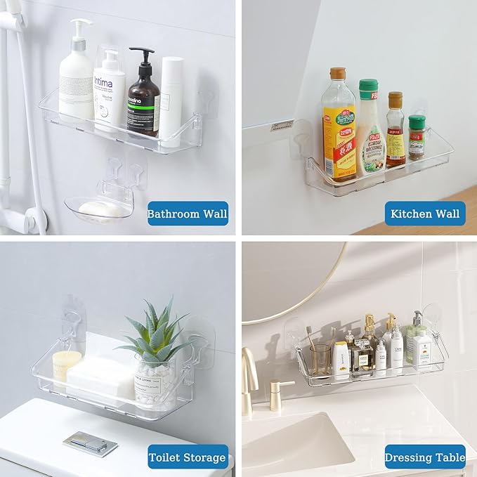 Acrylic Clear Shower Caddy Soap Dish 2pack Large Size 16.8"L 4.7"W 5.9"H Acrylic Shelves No Need To Drill Wall Adhesive Shelves With Self-Adhesive Tape For Bathroom Kitchen Rv(Shower Caddy L)