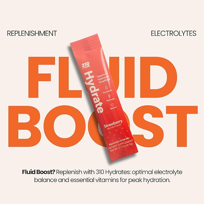 310 Nutrition Sugar Free Electrolytes Powder - Instant Hydration Packets for Daily Fluid Balance - Caffeine-Free Rehydration Drink Mix w/Vitamins, Low Calorie & Keto Friendly - Strawberry 30 Singles