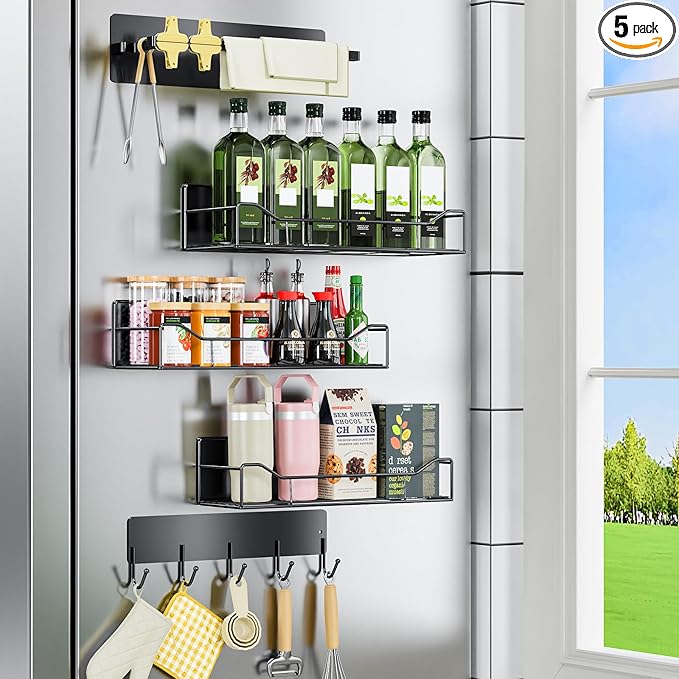 5 Pack Multifunctional Magnetic Shelves for Refrigerator Spice Rack & Washing Machine Organize, Include Towel Rack, Kitchen Utensil Hanger and Hooks, Strong Magnet for Secure Hold (Line style, Black)