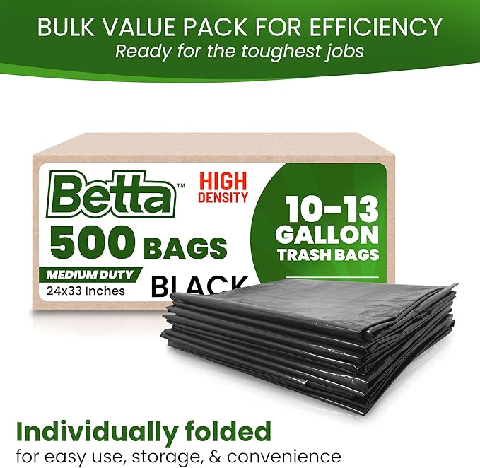 Betta 10-13 Gallon Black High-Density Trash Bags, 500 Count Box, (24x33-inch) Commercial Medium-Duty Garbage Can Liners