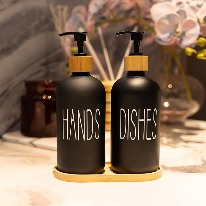 Matte Black Glass Soap Dispenser Set Hand and Dish Soap Dispensers Suitable for Rustic Kitchen Decor (Black)
