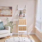 HOOBRO Blanket Ladder, 5-Tier Towel Rack with Hooks, Wall-Leaning Blanket Rack, Decorative Display Ladder Shelf, for Scarves, Industrial, Living Room, Bedroom, White WW52CJ01