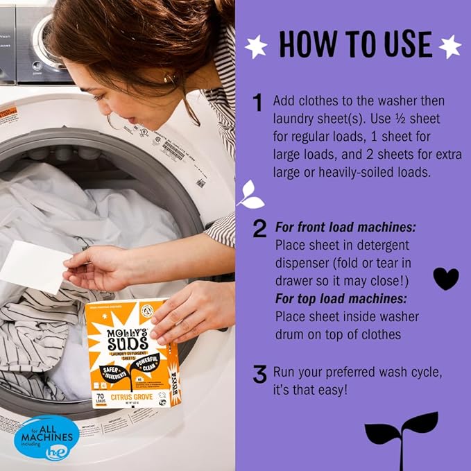 Molly’s Suds Laundry Detergent Sheets | Gentle on Sensitive Skin, Powerful Bio-Based Enzymes, Stain-Fighting | Liquidless & Plastic-Free Packaging | 120 Loads (Lavender)