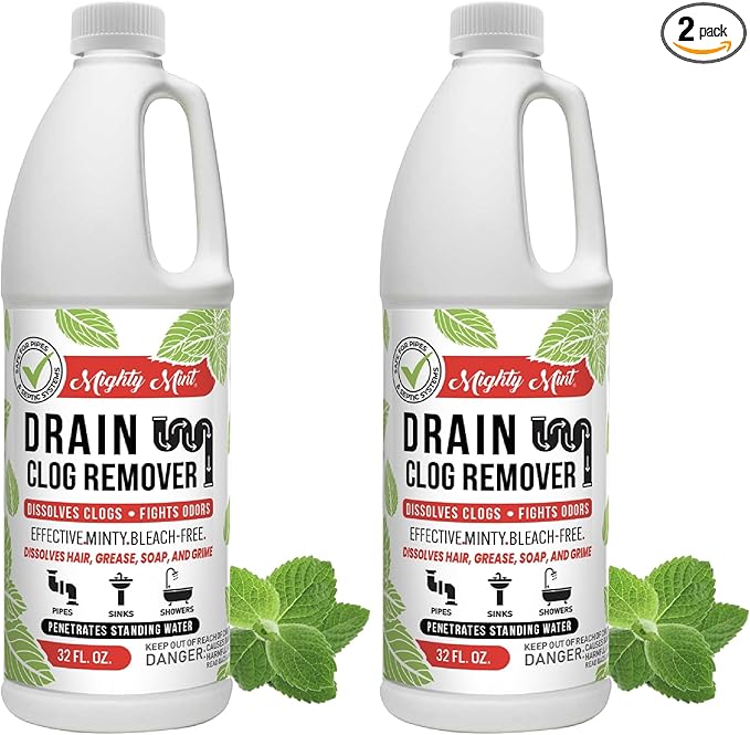 Mighty Mint Drain Clog Remover, Safe for Pipes and Septic, Dissolves Hair & Grease, Clears Blocked Drains and Deodorizes, Natural Mint Scent, 32oz (Pack of 2)