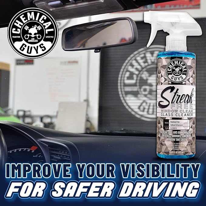Chemical Guys Streak Free Glass & Window Cleaner (Glass, Windows, Mirrors, Nav Screens & More) Ammonia Free, 16 fl oz + Waffle Weave Glass and Window Microfiber Towel, Blue (24"x16")