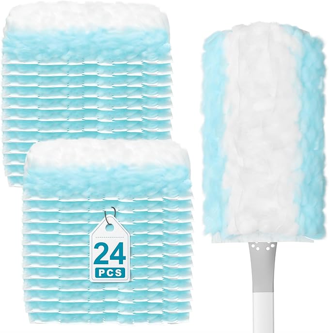 JOYMOOP Disposable Duster for Cleaning, with 1 Handles & 24 Ct Blue Heavy Duty Refills for Swiffer Feather Duster, Household Cleaning Tool for Electronics, Dusting Furniture, Blinds, Pet Hair