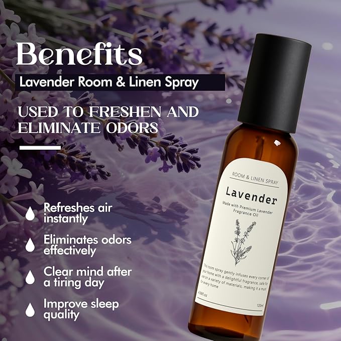 Linen and Room Spray, Lavender Room Fragrance Spray, Air Freshener Spray, Air Fresheners for Home, Bathroom, Bedding, Each 4.06 fl oz (2 Pack)