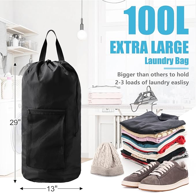 Laundry Bag Backpack,Olosar 2PCS Extra Large Travel Laundry Bag with Mesh Pocket & Adjustable Shoulder Straps,Dirty Clothes Travel Bag for College Students Dorm,Apartment(Black)