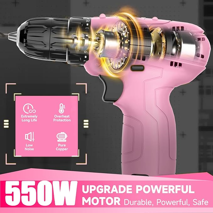 Tegatok Cordless Drill Set,12V Power Drill Set with Battery and Charger, Electric Driver Drills Bits, 3/8'' Keyless Chuck,18+1 Torque Setting with LED Electric Drills Set, Pink