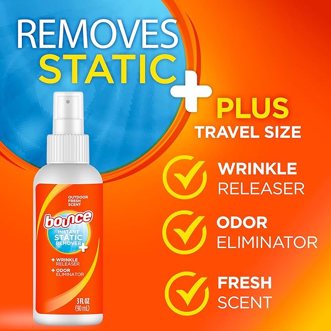 Bounce Anti Static Spray, 3 in 1 Instant Anti Static Spray & Instant Wrinkle Release, Odor Eliminator & Fabric Refresher, Travel Size (3 Oz,Pack of 3)