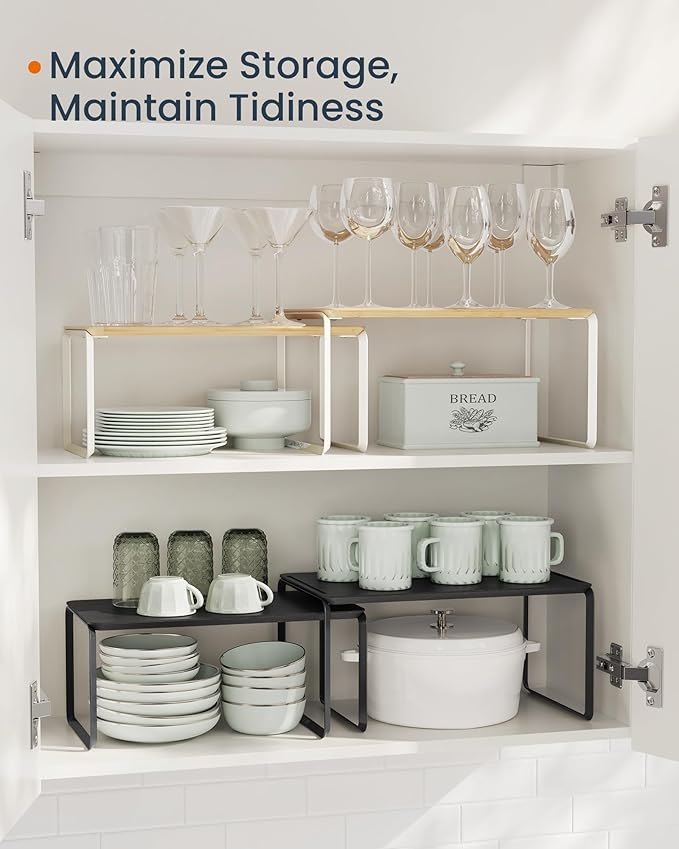 SONGMICS HOME Bamboo Cabinet Organizer Shelf, Nice-Looking Set of 2 Kitchen Counter Shelves, Kitchen Storage, Spice Rack, Stackable, Expandable, Ink Black UKCS050B01V1