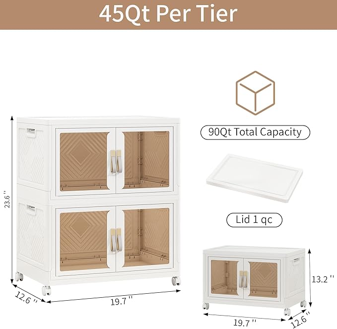 Large Clear Stackable Storage Bins with 2 Lids, 270QT-45QT*6Tier Foldable Cabinet for Closet Organizers, Plastic Storage Box with Wheels White