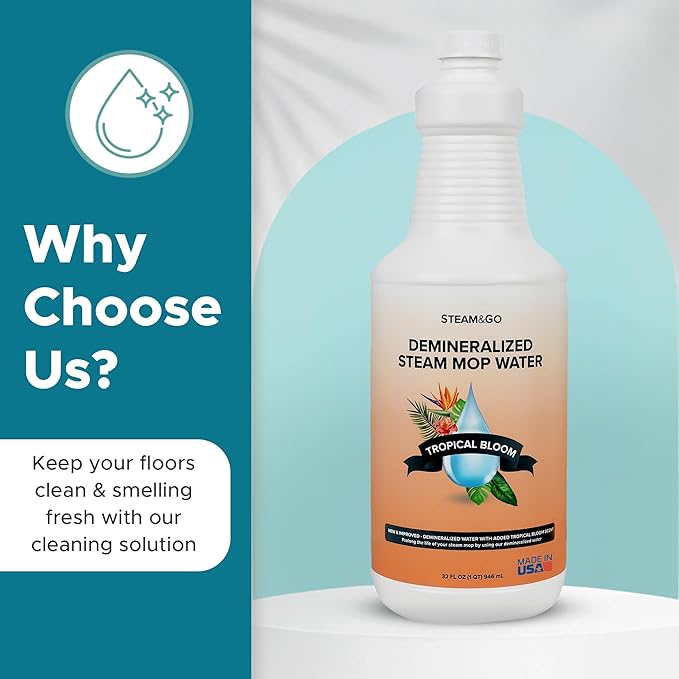Steam & Go Demineralized Water for Steam Cleaner - PVC-Free Floor Cleaning Solution Compatible for All Steam Mops - Multi-Surface Cleaner for Home Surfaces - Tropical Bloom Scent, 32 oz (Pack of 12)