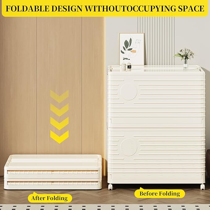 Plastic folding Storage Bins with Lids,Stackable Storage Bins for Clothes,Storage Container,Room Organizer, for Living Room,Bedroom,Office, Kitchen,Bathroom,cream white,2pack