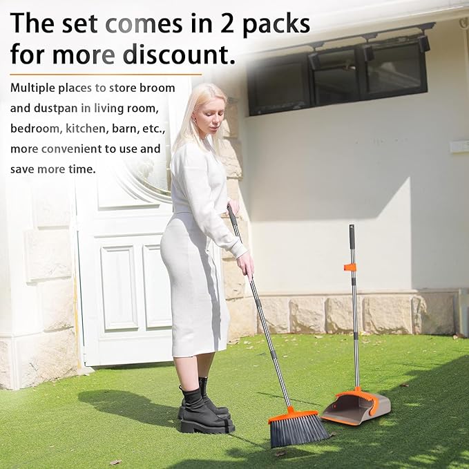 2-Pack is More economical,Upgraded Broom and Dustpan,with 52" Long Handle, Dustpan Teeth with self-Cleaning Function, Indoor and Outdoor Sweeping, Perfect for Home Office (Large Size/Orange /2-Pack)