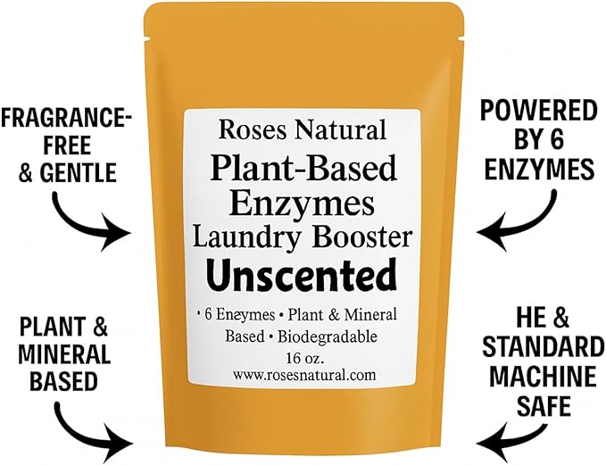 Plant-Based Enzymes Laundry Booster – Unscented | Advanced Enzyme Cleaner & Odor Remover | Powerful Stain Remover for All Fabrics | Biodegradable, HE Safe – 16 oz | Made in USA