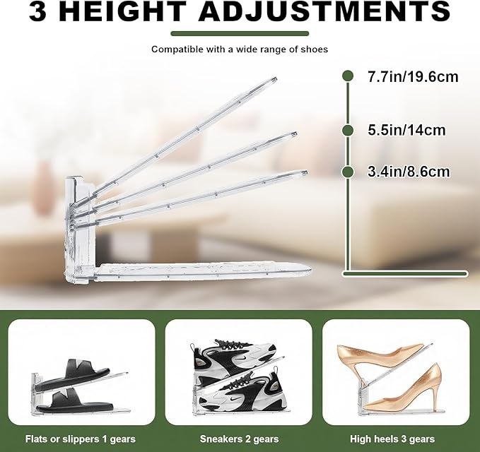 Shoe Slots Organizer, 10-Pack Adjustable Double Deck Shoe Stacker, Clear Space Saver Shoe Rack Holder for Closet Organization, Stackable Shoe Storage for Sneakers, Heels, Flats