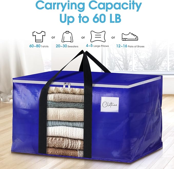 BlissTotes 6 Pack Moving Bags with Clear Window, Storage Bags with Strong Carrying Handles & Zippers,Large Packing Bags for Saving Space, Alternative to Moving Boxes(Blue,24 Gallon)