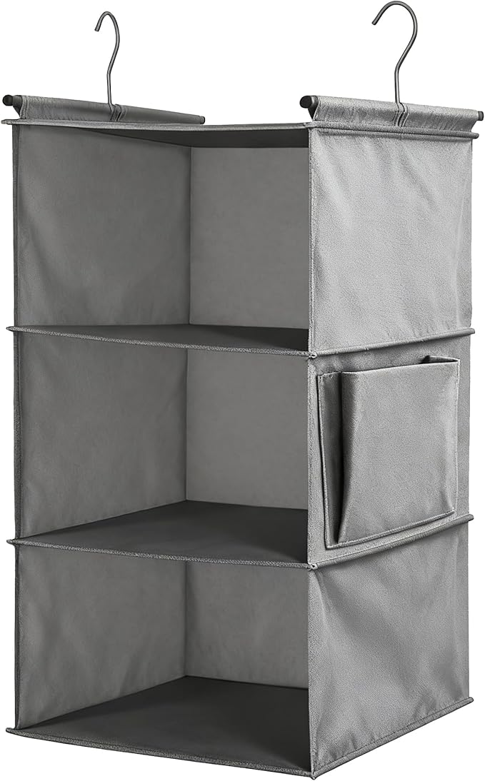 3-Tier Hanging Closet Organizer - Foldable Hanging Shelves for Closet, Space Saver Storage for Clothes, Sweaters, Shoes, Handbags & Accessories, Easy Setup, Grey