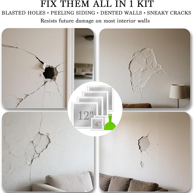 6-Pack Drywall Repair Kit - Heavy Duty Aluminum Self-Adhesive Mesh Patch Set Including 4P 12 x12 Inch & 2P 4x4 Inch Drywall Patch, with Scraper for Large Holes in Walls & Ceilings