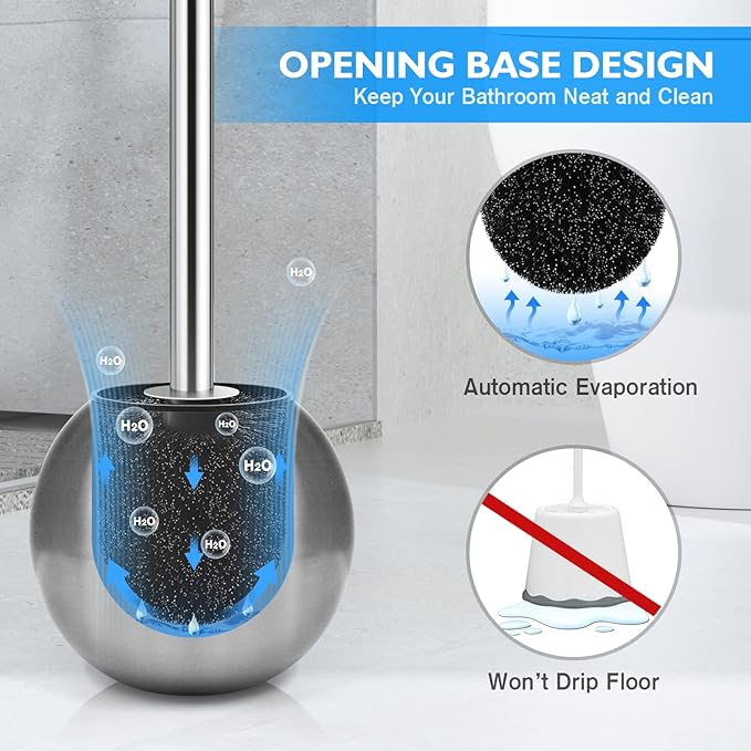 Toilet Brush and Holder 2 Pack, 304 Stainless Steel Toilet Brush with Extended and Durable Comfortable Brush Handle, Toilet Bowl Brush for Bathroom Toilet - Ergonomic, Pratical Durable