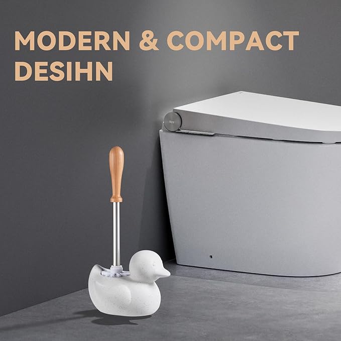 White Toilet Brush and Holder Set - Ceramic Bathroom Toilet Scrubber Brush Organizer with Cleaner Brush Kit with Detachable Brush Head & Natural Wood Handle, Toilet Brush & Cute Duck Design