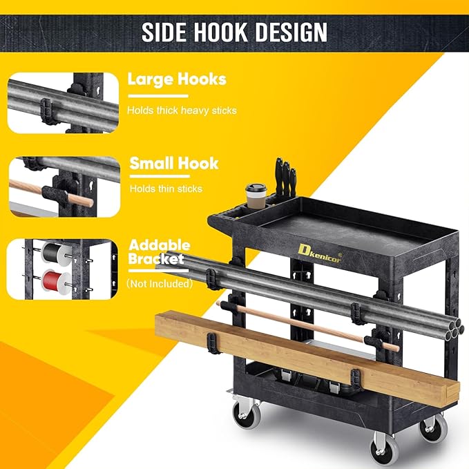 Heavy Duty Plastic Utility Cart 850Lbs, 34" x 17" Rolling Work Cart with Wheels - 2 Tier Service Cart for Warehouse/Garage/Garden - Upgraded 2 Side Tube Hooks, 360° Swivel Lockable Wheels