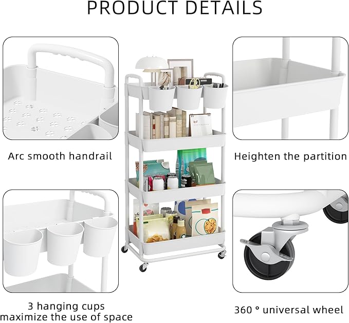 JIUYOTREE 4-Tier Plastic Rolling Storage Cart Utility Cart with Extra Hanging Cups Handles Lockable Wheels for Living Room Bathroom Kitchen Office White