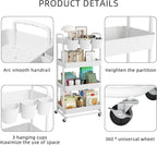 JIUYOTREE 4-Tier Plastic Rolling Storage Cart Utility Cart with Extra Hanging Cups Handles Lockable Wheels for Living Room Bathroom Kitchen Office White