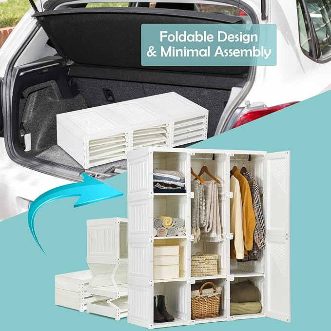 Tangkula Portable Closet Wardrobe, Foldable Clothes Organizer with Cubby Storage, Hanging Rods, Easy Assemble Clothing Storage with Magnet Doors, Folding Bedroom Armoire (8 Cubbies & 2 Rods)