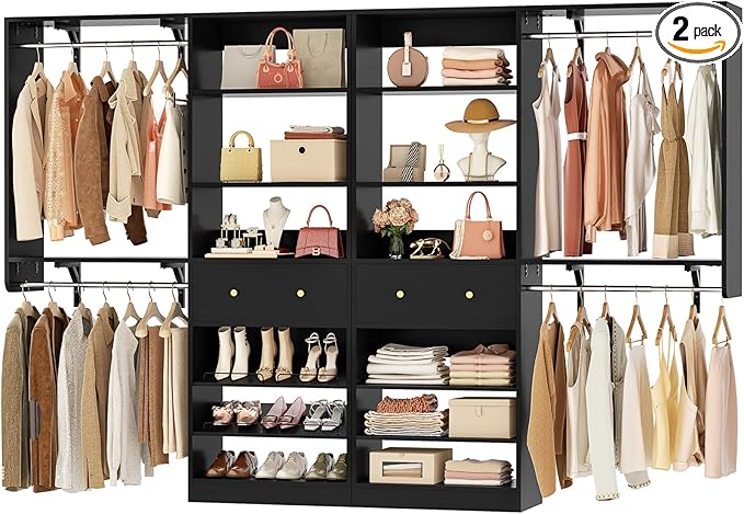 [10 FT Closet System] 120 Inch Reversible Set of 2 Wood Closet Organizer System with 2 Drawers, 4 Hanging Rods Adjustable Shelf, Walk In Closet Organizers with Shoe Rack, Garment Rack, Black