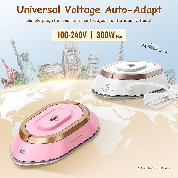 Newbealer Travel Iron with Global Voltage, 100-240V Mini Dry Iron for Clothes (No Steam), Max 300W, 60s Heat Up, 302℉ Non-Stick Ceramic Soleplate, 0.8lbs (Gold with Hard Case)