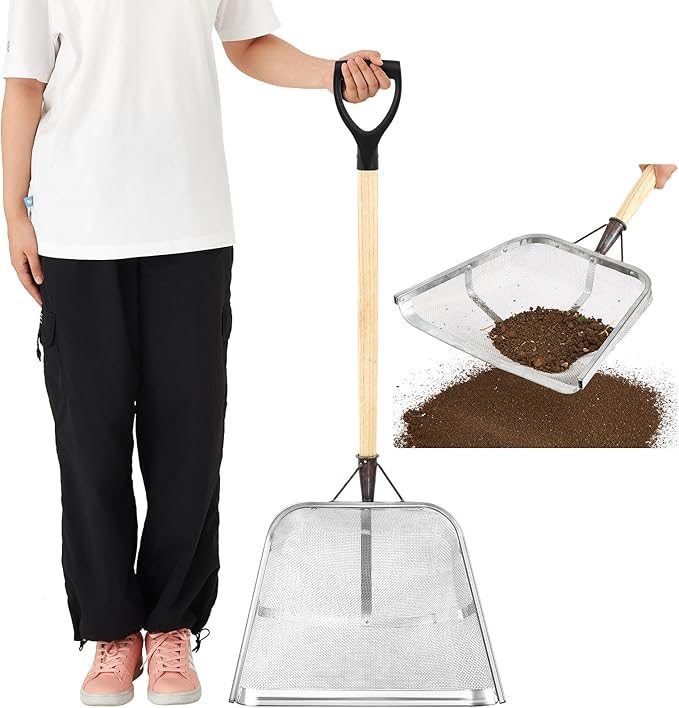Leaking Soil Shovel Filter 0.24 Inch/ 6 mm Mesh 43.3''L Chicken Poop Scooper Stainless Steel Sieve Sifting Shovel with D Grip Wood Handle for Gardening Farm Chicken Coop Goat Stall