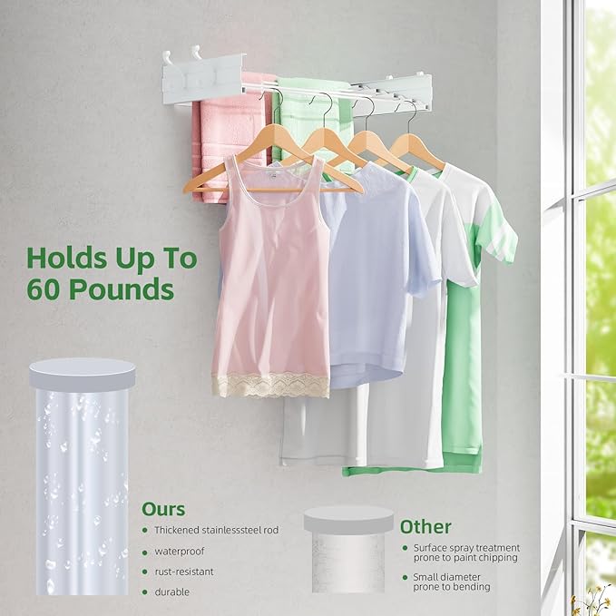 Wall Mounted Drying Rack 23.6", Foldable Laundry Clothes Drying Rack with 4 Towel Hooks and 4 Rods for Hanging Clothes Delicates, Space Saving for Indoor Outdoor Bathroom Balcony Laundry Room (23.6'')