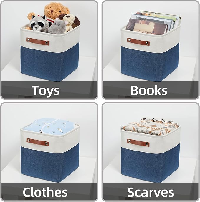 HNZIGE Fabric Cube Storage Bins Basket Set of 4, Closet Storage Cubes with Handles, Organizing Home Office (White Blue)