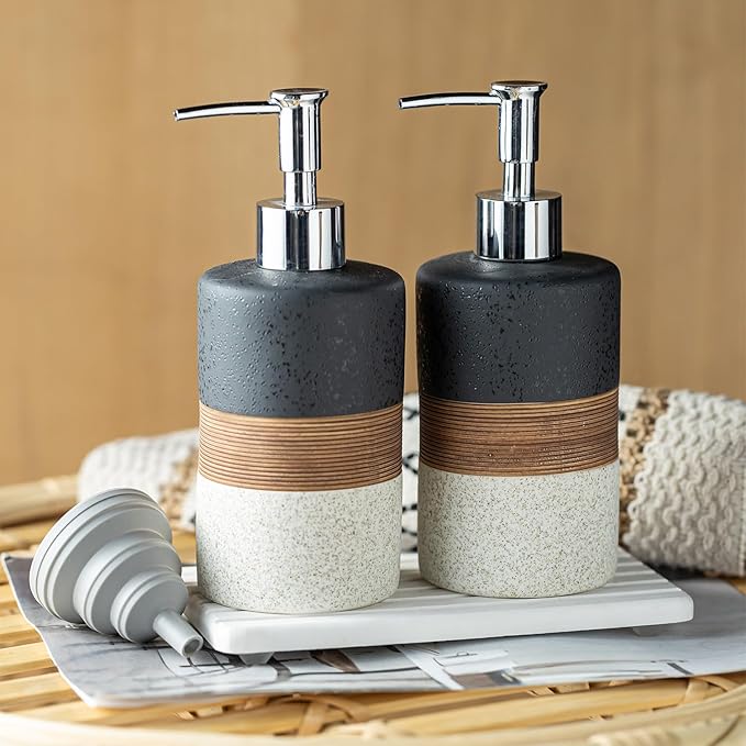 Ceramic Dish Soap Dispensers Set(2 Pack), Hand, Dish, Shower Soap Dispenser for Kitchen Sink & Bathroom, Includes Stainless Steel Pump, Silicone Funnel & Diatomaceous Holder, Black