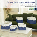 Storage Baskets for Shelves 11.8x7.9x5.2 Inch-Foldable Fabric Organizing Storage Bins with Handles, Closet & Bathroom Organizer, Home Storage for Kitchen, Office (6-Pack, White&Blue)