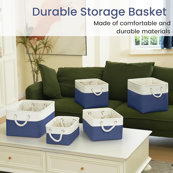 Storage Baskets for Shelves 11.8x7.9x5.2 Inch-Foldable Fabric Organizing Storage Bins with Handles, Closet & Bathroom Organizer, Home Storage for Kitchen, Office (6-Pack, White&Blue)