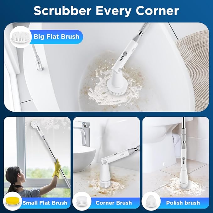 Electric Spin Scrubber, 2024 New Bathroom Cleaner, Power Shower Cleaning Brush with Extendable Handle & 4 Brush Heads, Shower Scrubber for Bathtub Tile Grout Kitchen Window and Floor (White/Gray)