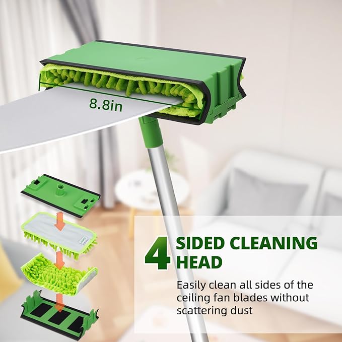 Ceiling Fan Cleaner Duster with 6 Ft/72'' Extension Pole High Ceiling Fan Blade Cleaning Tool Microfiber Duster Reusable Pads for Cleaning Ceiling Fan, Baseboard, Blind, Cobweb, Molding
