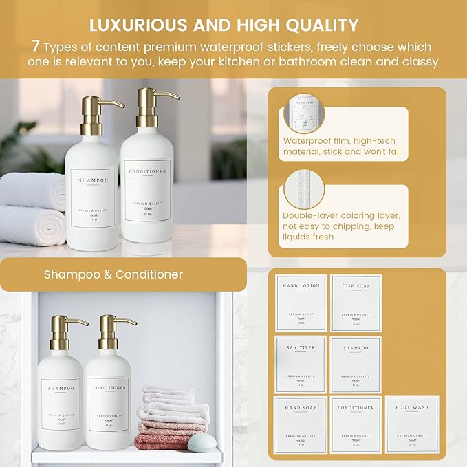 Glass Soap Dispenser for Kitchen Sink,Farmhouse Kitchen Dish Soap Dispenser&Hand Soap Dispenser Set,Rustproof Pump Soap Lotion Dispenser Bathroom with Tray,Waterproof Label for Decor(White