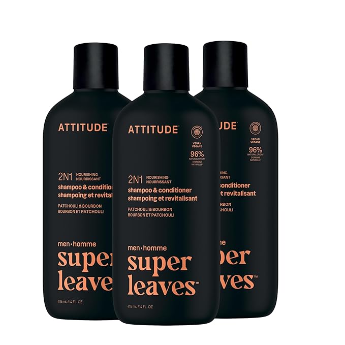 ATTITUDE Men's Shampoo and Conditioner 2-in-1, Nourishing For Dry Hair and Scalp, With Panthenol and Ginseng, 97% Natural Origin Ingredients, EWG Verified, Patchouli & Bourbon, 14 Fl Oz (Pack of 3)