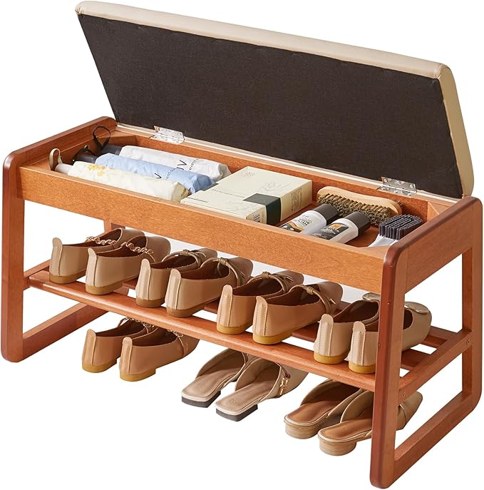 Wood Shoe Bench with Flip-Top Storage,2-Tier Entryway Shoe Bench,31.5in Shoe Rack with Cushion for Living Room,Cherry Wood Color YD-WD061C