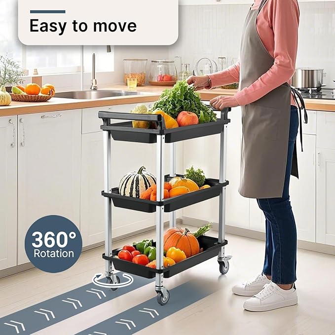 3 Tier Rolling Cart,Plastic Utility Cart with Handle,Rolling Carts with Wheels,Utility Cart with Lockable Casters, Multi-Functional Organizer Cart for Bedroom, Living Room, Kitchen,Office(Black)